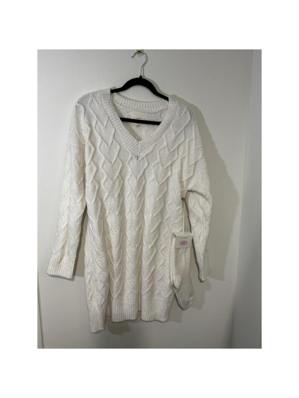 No Comment Ivory Cable Knit Sweater Dress with Socks M